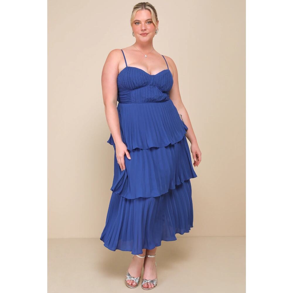 NWT Lulus Cascading Crush Cobalt Blue Tiered Bustier Midi Dress XL